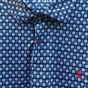 IZOD Men’s Golf Polo Navy Blue Golf Tee & Golf Ball AOP Stretch | Size XL